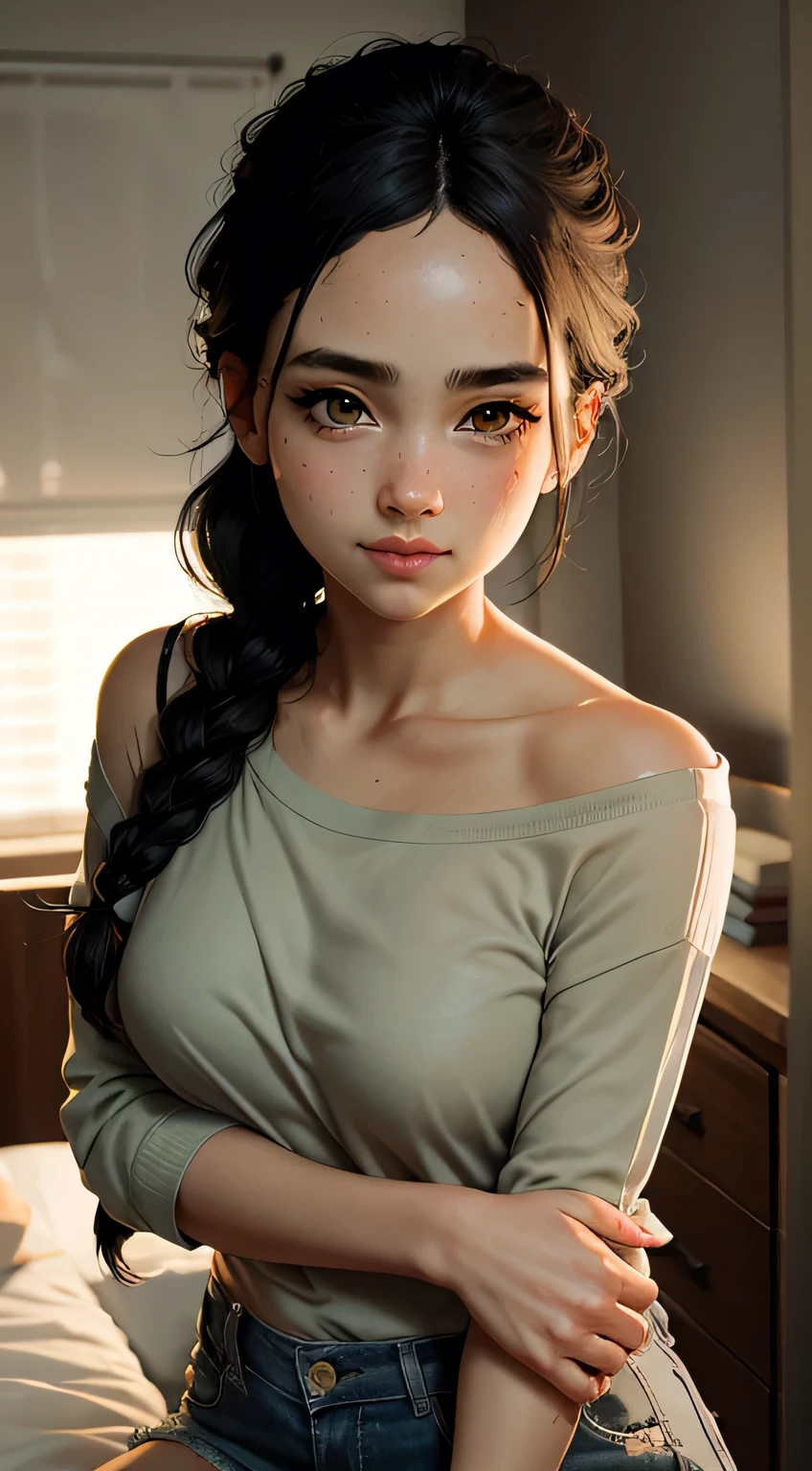 Amazing portrait of a sexy woman with her black hair in a single braid having a long forehead with seductive eyes and her lips parted smiling with the deepest blush wearing an off shoulder olive green t shirt and blue short shorts lying on the bed being very seductive and aroused