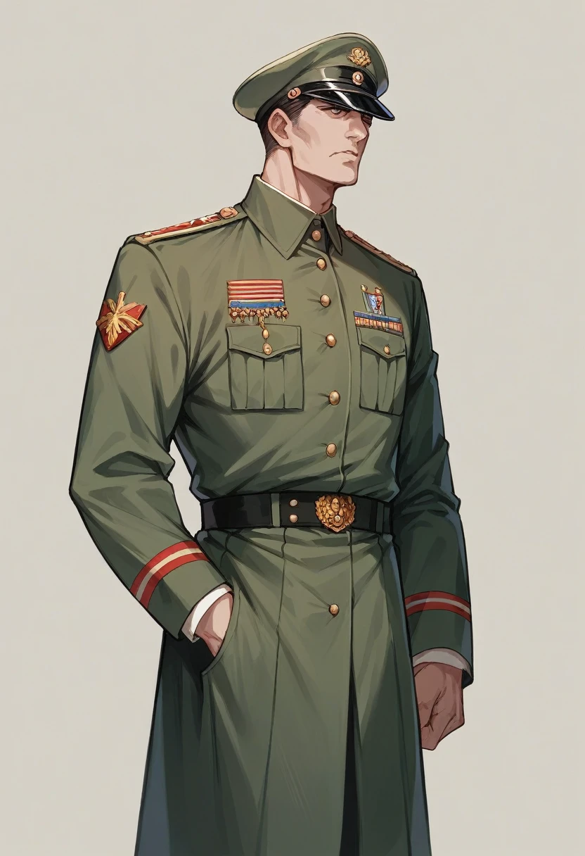 Create a hyper-realistic image of Joseph Stalin in military uniform, standing sternly in front of the Kremlin, with a gloomy sky overhead, symbolizing his oppressive regime.