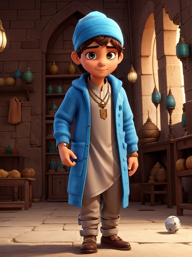 redo, my character holds a dice in his hand and wears Arabic clothes