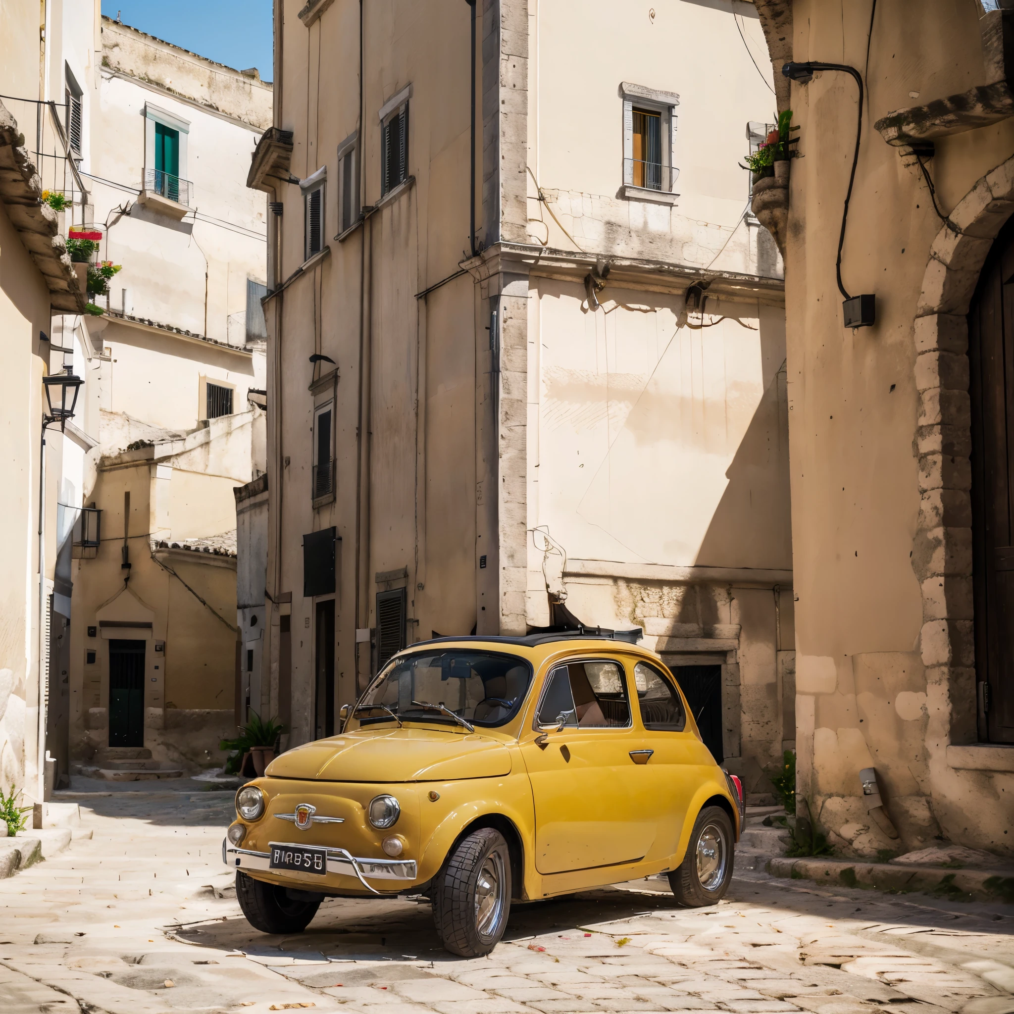 (FIAT500, classical old Italian Fiat 500 car, sassi_di_matera), Lupin III drives the yellow Fiat 500 through the alleys of the Sassi of Matera. Photorealistic shot giving the motion blur of speed. In background Sassi of Matera landscape. blurred foreground.