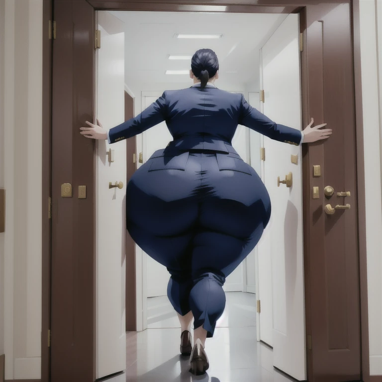 masterpiece, 1girl behind a doorway, from behind, (doorstuck, stuckbehind:1.3), huge hips, round belly, thick thighs, colorful clothing, wearing suit and tie and formal pants, upset, desperately trying to wiggle through, she kicks her legs franticly, she is stuck tight view from behind