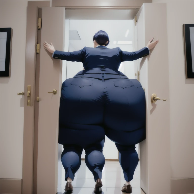masterpiece, 1girl behind a doorway, from behind, (doorstuck, stuckbehind:1.3), huge hips, round belly, thick thighs, colorful clothing, wearing suit and tie and formal pants, upset, desperately trying to wiggle through, she kicks her legs franticly, she is stuck tight view from behind