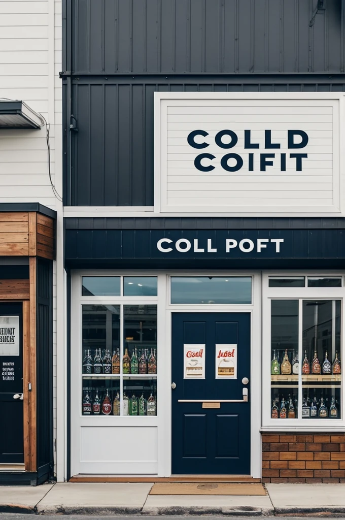 A minimalist logo for a liquor store that contains photos of beer and soft drinks, the name is cold point a&J