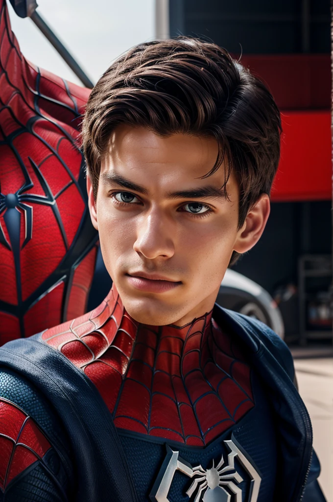 A photograph of spider man, no mask, 20 yo, handsome, detailed face, looking at camera, portrait, 8k uhd, high quality