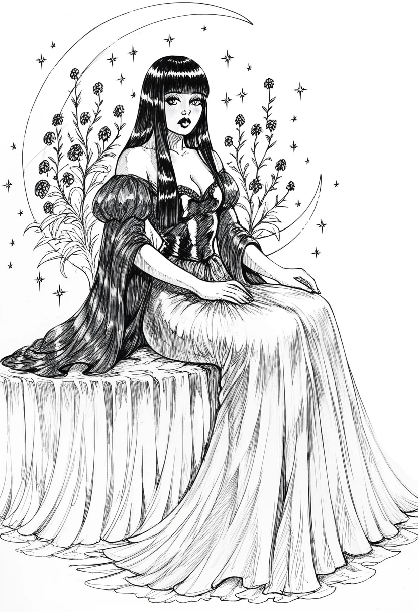 score_9, score_8_up, score_7_up, 1girl, sp1t, abundant detailed hatching shading, monochrome,best quality, high resolution, detaikled background, blunt bangs, straight hair, hime cut, a princess, long dress, sitting in thronem