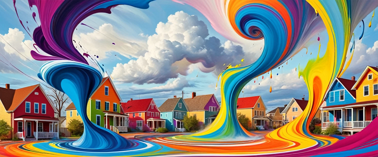 A stunning 3D rendering of a vibrant paint tornado , elegantly suspended amidst the swirling colors. The artist has skillfully used flowing stripes of paint to create a seamless merge with the tempestuous hues, evoking a sense of chaos and harmony simultaneously. Surrounding the tornado are an array of cheerful, bright houses that contrast with the violent shades, bringing a touch of whimsical nature to the scene. The overall atmosphere exudes joy, creativity, and a surreal, captivating essence that truly draws the viewer into this artistic masterpiece