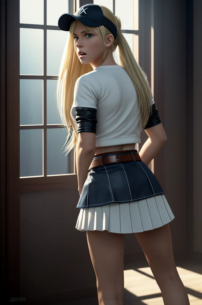 score_9, score_8_up, score_7_up, score_6_up, score_5_up, score_4_up, (8k, hd, best quality, masterpiece), (extremely detailed: 1.0), (ultra hyper-realistic photo: 1.3), (dramatic, theatrical cinematic lighting, strong contrasts dark, sun rays come through the window:1.2)(artwork), best quality, expressive eyes, perfect face, high resolution, (8K), (perfect face), (ultra details), 1 girl, Alone, terry girl bogard, blonde hair, ponytail, blue eyes, long hair, baseball cap, fingerless gloves, pleated miniskirt wide leather belt, shoes, blushing, scared, distressed, mouth open, back of the room, we didn't put it, standing portrait looking at his hands