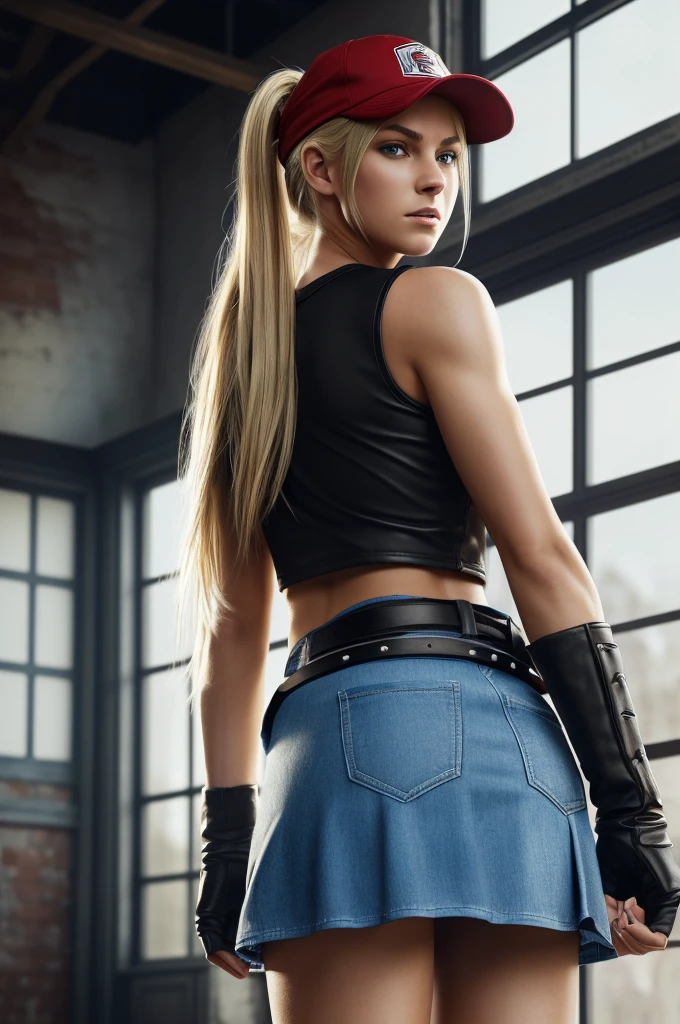 score_9, score_8_up, score_7_up, score_6_up, score_5_up, score_4_up, (8k, hd, best quality, masterpiece), (extremely detailed: 1.0), (ultra hyper-realistic photo: 1.3), (dramatic, theatrical cinematic lighting, strong contrasts dark, sun rays come through the window:1.2)(artwork), best quality, expressive eyes, perfect face, high resolution, (8K), (perfect face), (ultra details), 1 girl, Alone, terry girl bogard, blonde hair, ponytail, blue eyes, long hair, baseball cap, fingerless gloves, pleated miniskirt wide leather belt, shoes, blushing, scared, distressed, mouth open, back of the room, we didn't put it, standing portrait looking at his hands