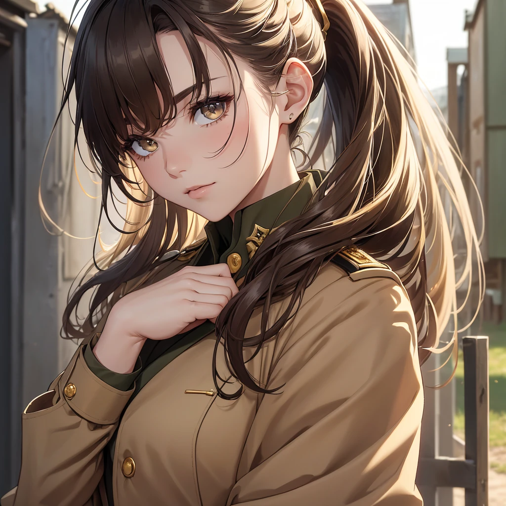 (8K, Best Quality, Masterpiece, Ultra High Resolution) 1Woman, Beautiful Eyes, Face Details, Dark Hair, Hair Ponytail, Gold Eyes, Pale Skin, Tan Colored Military Uniform, Tan Jacket, White Fitted Shirt, Outside, Military Camp, Countryside, Best Quality, Upper Body, Looking at the Viewer, Facing Viewer, Close Up