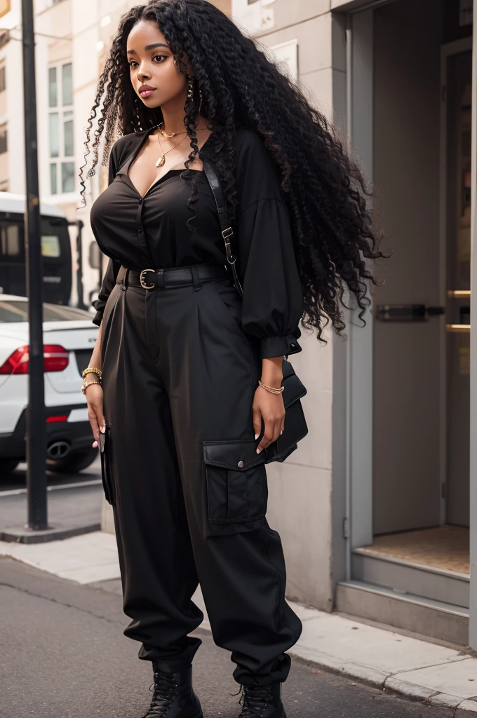 black woman with long curly hair and a large black blouse and cargo pants