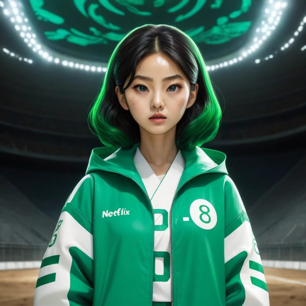 Hoyeon Jung, korean woman, 1 woman wearing green and white jacket, make sure those 3 numbers (067) appears on the top left of the jacket, netflix, squid game, Kang Sae-byeok, in a stone arena, front view
