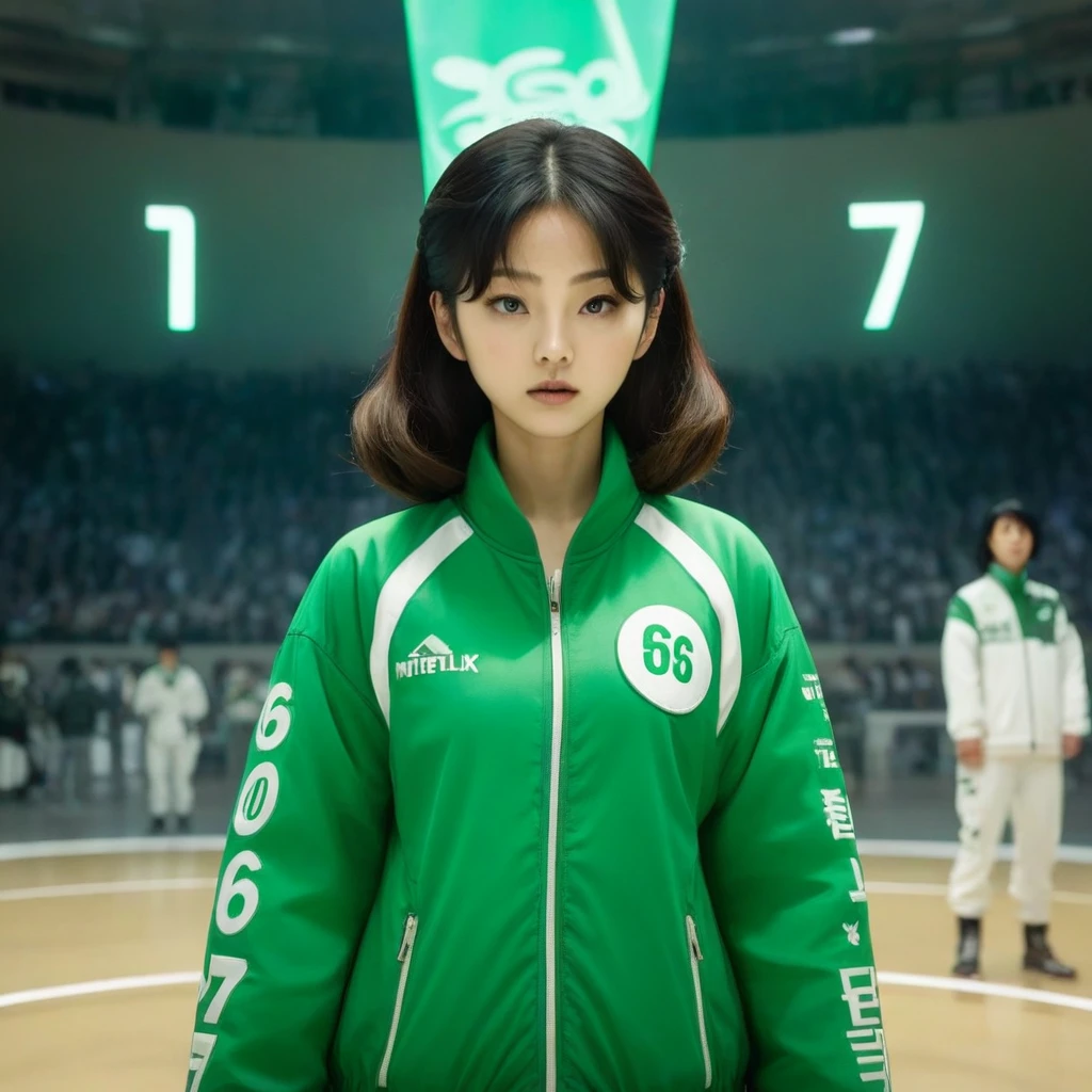 Hoyeon Jung, korean woman, 1 woman wearing green and white jacket, make sure those 3 numbers (067) appears on the top left of the jacket, netflix, squid game, Kang Sae-byeok, in a stone arena, front view