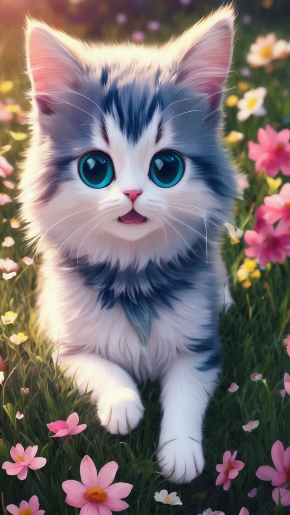 There is a cat sitting on the grass with flowers, cute digital painting, cute detailed digital art, cute digital art, cute anime cat, realistic anime cat, very beautiful and cute cat woman, cute cat anime vision, cute smiling cat, looking ahead, kawaii cat, cute detailed artwork, beautiful digital artwork, 4K highly detailed digital art, a cute cat