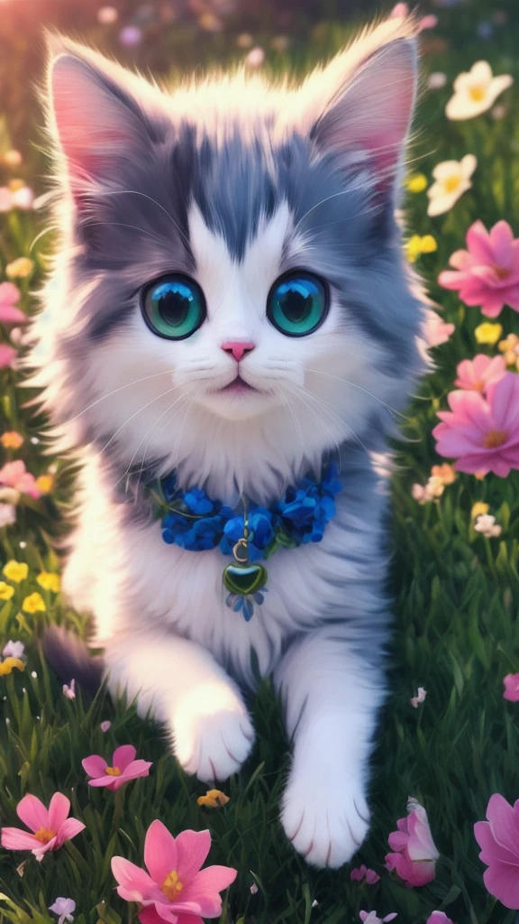 There is a cat sitting on the grass with flowers, cute digital painting, cute detailed digital art, cute digital art, cute anime cat, realistic anime cat, very beautiful and cute cat woman, cute cat anime vision, cute smiling cat, looking ahead, kawaii cat, cute detailed artwork, beautiful digital artwork, 4K highly detailed digital art, a cute cat