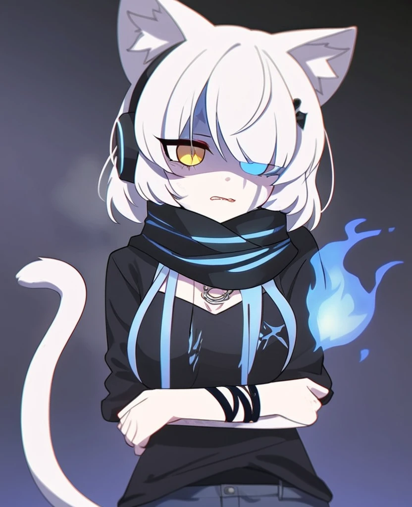 Make me a VTuber design. A girl with a mature body. {Short, messy, spiky white hair with blue fire on the ends.} {Cat ears with blue fire in the middle of them instead of fluff.} {A cat tail with blue fire at the end.} Yellow eyes with, scars on her body. {A goth/rockstar wearing shorts like outfit that’s blue and black with headphones that match, draped around her neck.} Fire tattoos. Blue fire cat DJ/Singer. One person only, {blue fire only}. {Blue fire inside her cat ears} A stoic expression.