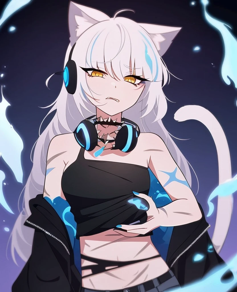 Make me a VTuber design. A girl with a mature body. {Short, messy, spiky white hair with blue fire on the ends.} {Cat ears with blue fire in the middle of them instead of fluff.} {A cat tail with blue fire at the end.} Yellow eyes with, scars on her body. {A goth/rockstar wearing shorts like outfit that’s blue and black with headphones that match, draped around her neck.} Fire tattoos. Blue fire cat DJ/Singer. One person only, {blue fire only}. {Blue fire inside her cat ears} A stoic expression.