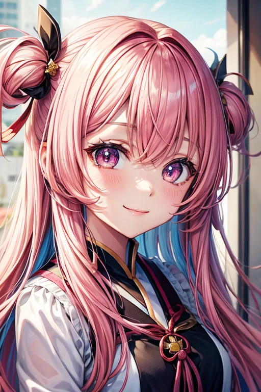 Portrait girl, multi-colored hair, big pink eyes, smile, 项链,