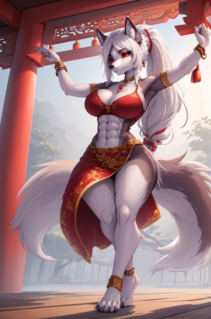 masterpiece, top quality, best quality, highly detailed, 8k, super high resolution, absurdres, perfect anatomy, dynamic_angle, (highly detailed beautiful face and eyes), solo focus, red eyes, white hair, ((long ponytail hairstyle)), furry female anthro, (adult), (((furry hellhound body, hellhound facial features, hellhound body features))), (slim figure), huge breasts, (cleavage, cleavage tuft), ((defined abs)), open midriff, (long legs), ((serious expression)), (looking at viewer), chinese beauty, dancing pose, barefoot, bare shoulders, open neck, gorgeous red dress embroidered with intricate embroidery, metal tassels hanging from waist, transparent ribbons tied around her arms, armbands with streamers, necklaces, bracelets, anklets, belts, seaside chinese temple on a foggy night, lush greenery and plant life, trees, ink wash