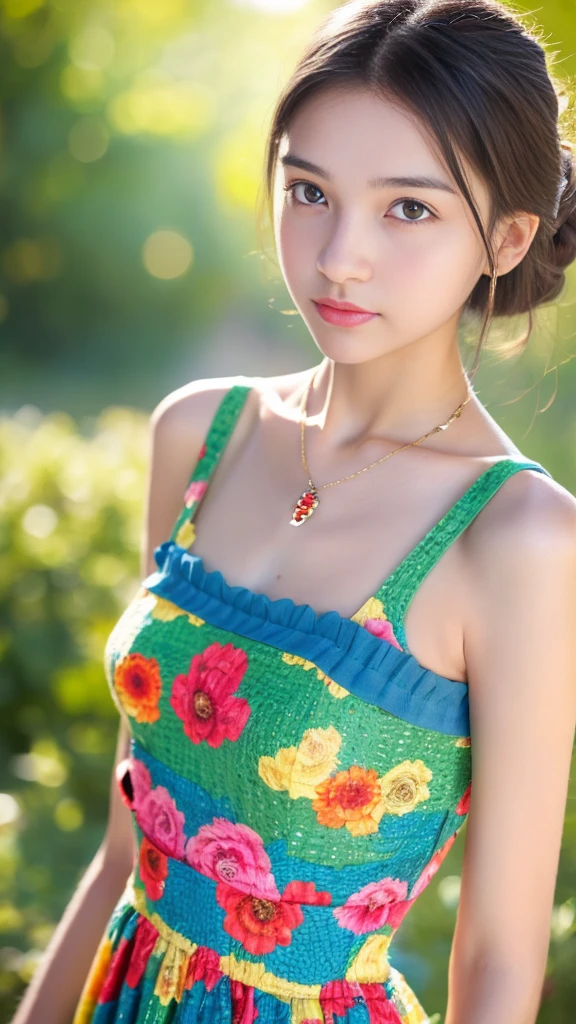 masterpiece, realistic photo of 1girl, , Cute clothes, slim and slender physique, Skin is detailed and very detailed eyes, high detailed skin texture, Has a Slender Necklace, Colorful dress with colorful hair