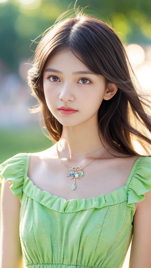 masterpiece, realistic photo of 1girl, 16 years old, Cute clothes, slim and slender physique, Skin is detailed and very detailed eyes, high detailed skin texture, Has a Slender Necklace, Colorful dress with colorful hair