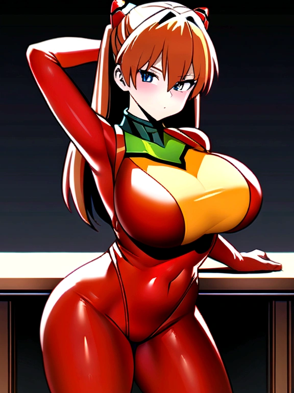 Soulyu Asuka Langley, (table top, highest quality, be familiar with), 1 girl,sexy, huge breasts, alone, arm behind head, cowboy shot, interface headset, red bodysuit, simple background.