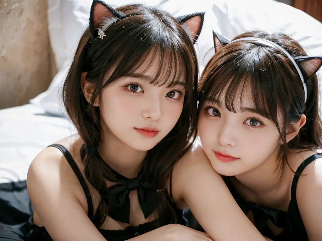 Two beautiful girls,Cheek to cheek，Embrace each other, Droopy eyes, Big black eyes, Beautiful and clear eyes,Scattered beneath the surface,(blush:0.5), Detailed skin texture, Black Hair, (Twin tails:1.2),Cat ears headband， (Wavy Hair:1.2), (Blunt bangs:1.2),  (race:1.2), (Black bow tie:1.1),cute face, Baby Face, Realistic face, (8K, RAW Photos, Highest quality, masterpiece:1.2), Super detailed, 超High resolution, (Realistic, photo Realistic:1.37), High-definition RAW color photos, Professional photos, Depth of written boundary, Detailed lips、Beautiful, shining lips, Detailed face、Large file size,  clothing, Two Girls, (18-year-old:1.2),(Highest quality,masterpiece:1.3,超High resolution),(Very detailed,Caustics,8K),(Realistic:1.4,RAW shooting),18-year-old,Japanese,cute,Black long hair,Ultra high definition 8K,Highest quality,masterpiece,(Lying in bed:1.5),Looking at the camera,Bare skin above the collarbone， Shoulder Bare Skin, Highest quality, High resolution, View your viewers,(Face Focus:1.1),(Face close-up:1.1),Sunset,Natural light