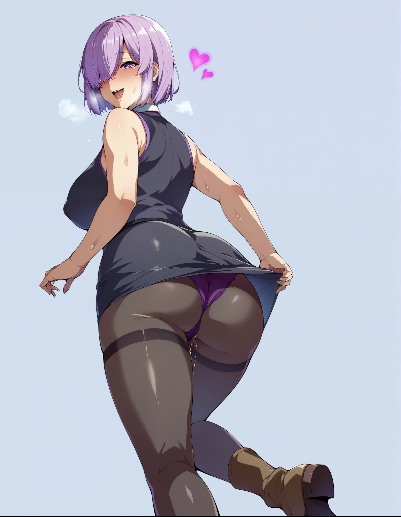 Back view、back、turn around、Butt、Ultra-detailed illustrations、Ultra-precise expression、masterpiece、Highest quality、ultra High resolution、High resolution、Hiromitsu Takeda Style、White background、Simple Background、One girl、solo、Mash Kyrielight、light purple hair,short hair,hair over one eyes、Black sleeveless dress, tight skirt, White collar、Black Pantyhose、Brown short boots、Purple panties、Purple eyes、Vulgar expression、smile、Open your mouth、Choker of Hearts、White Breath、Sweat、Glowing Skin、shiny skin、