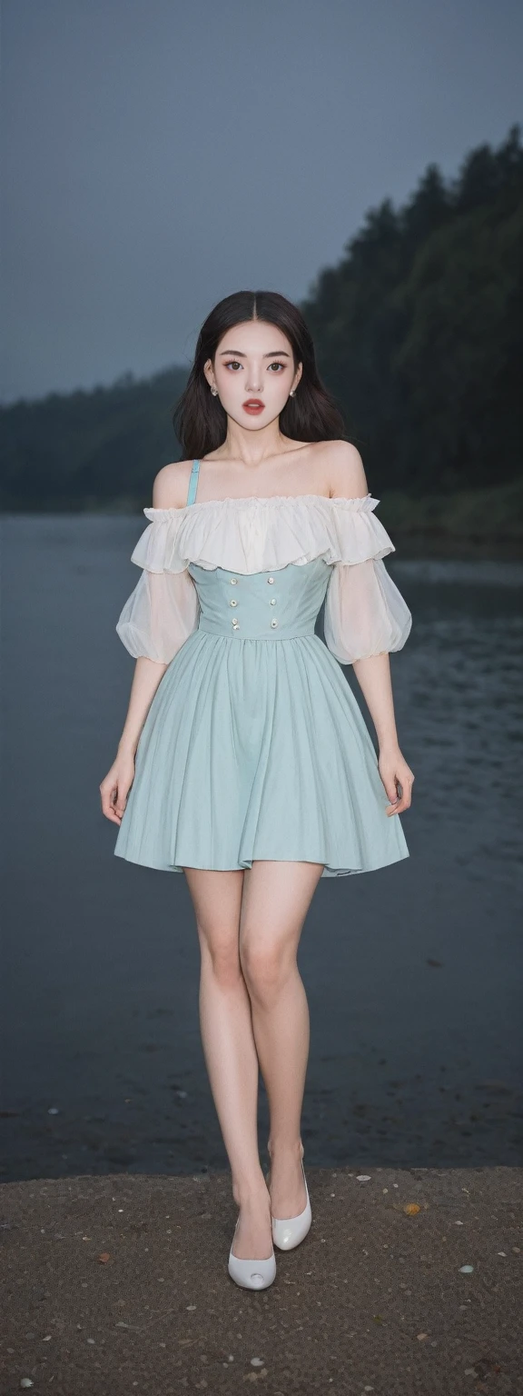 realistic,score_9, score_8_up, score_7_up,
1girl, 独奏, ((off shoulder clothes)), In the depths of Wonderland,The moonlight falls like water,foggy room,The figure of the heroine is vaguely visible,Just like the fairy in the painting,Slender sexy legs,Very nice legs,Leaking sexy legs,Big breasts,Beautiful with a hint of mystery。Her face is beautiful and delicate,Like finely carved jade,Showing otherworldly beauty。The eyebrows are picturesque,The waves in my eyes are like twinkling stars,Show the light of perseverance and wisdom。The bridge of the nose is straight,Lip color like cherry,The slightly raised corners of the mouth reveal confidence and calmness。Her face is well defined,The skin is as fair as jade,Reveals a healthy glow,Just like a fairy, she never eats fireworks in the world。Her makeup is light and delicate,Not too much embellishment,But enough to show her temperament and charm。Light-colored foundation brings out the transparency of the skin,A light eyebrow pencil outlines her perfect eyebrow shape,Eye makeup is eye shadow and eyeliner,Make her eyes brighter and more energetic。Lips painted with grace lipstick,Adds a bit of charm and sophistication。Her clothes are graceful and chic,Clothes flutter,It seems like it will be blown up by the wind at any time,drifting into the distance。Without losing grace,Also showed her extraordinary skills。Rocking with her movements。Her hair is tied back casually,Secure it with a hosta,A few strands of hair are fluttering gently in the wind,Adds a bit of softness。Her figure is looming in the fairyland,宛如一道big breastsbeautiful的风景线,attracted everyone's attention。She seems to be a fairy in wonderland,big breastsbeautiful、grace、mystery、and full of power。