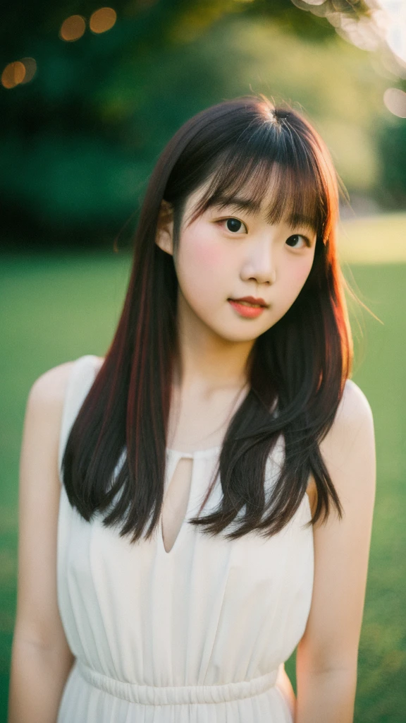 masterpiece, 1girl, 16 years old, red high-neck dress, neutral background, soft lighting, high quality, film grain, Fujifilm XT3, 