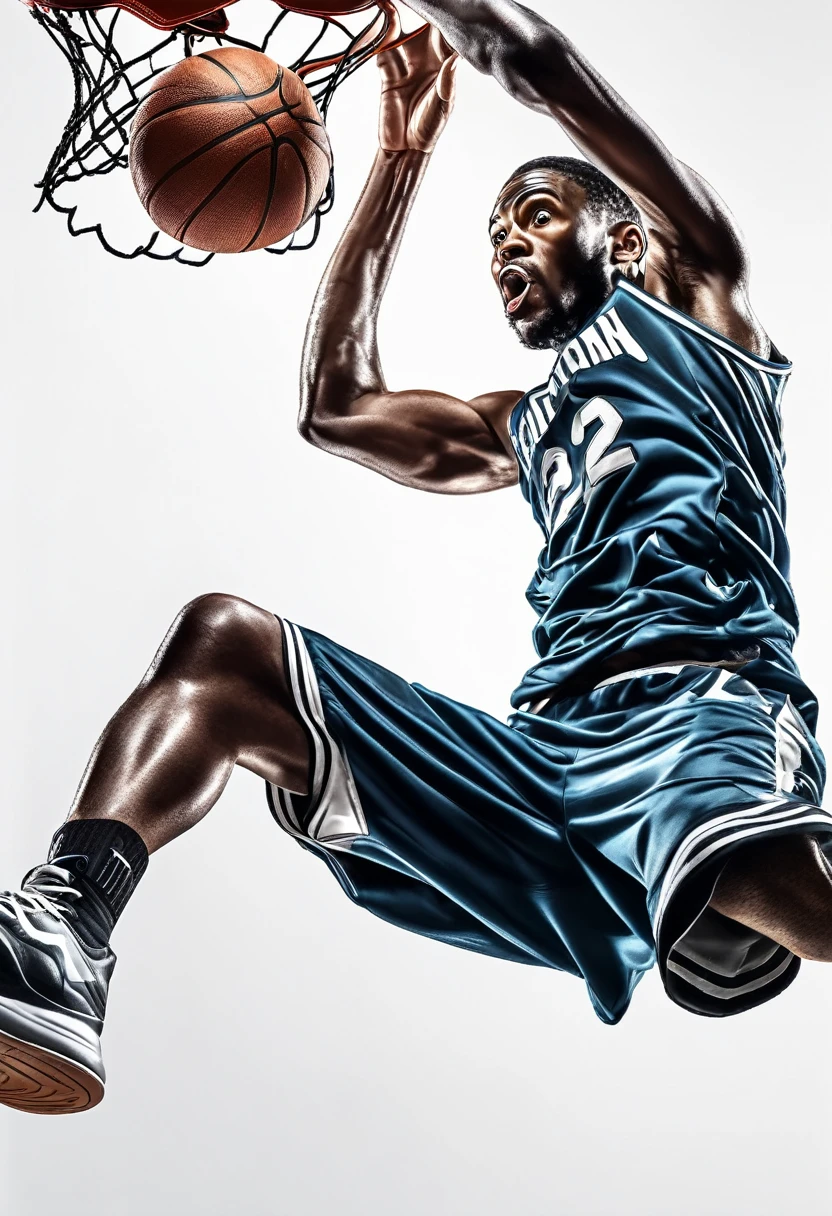 black basketball player with ball in the action of putting the ball in the basket in a mind-blowing jump, hyperrealism, digital art details, white background