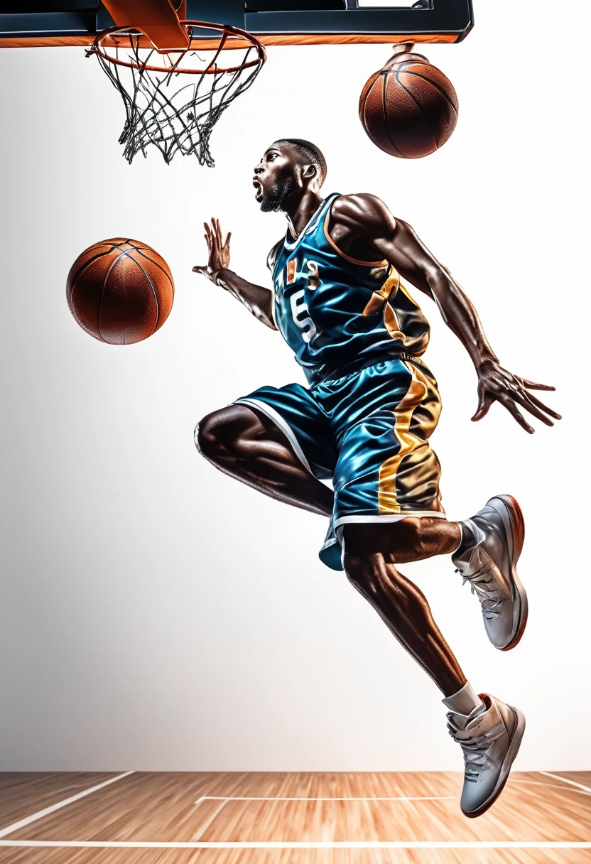 black basketball player with ball in the action of putting the ball in the basket in a mind-blowing jump, hyperrealism, digital art details, white background