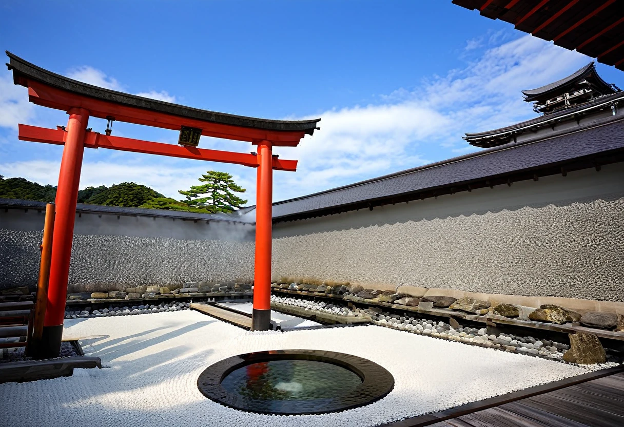 red Torii door japanese temple onsen, blue sky
