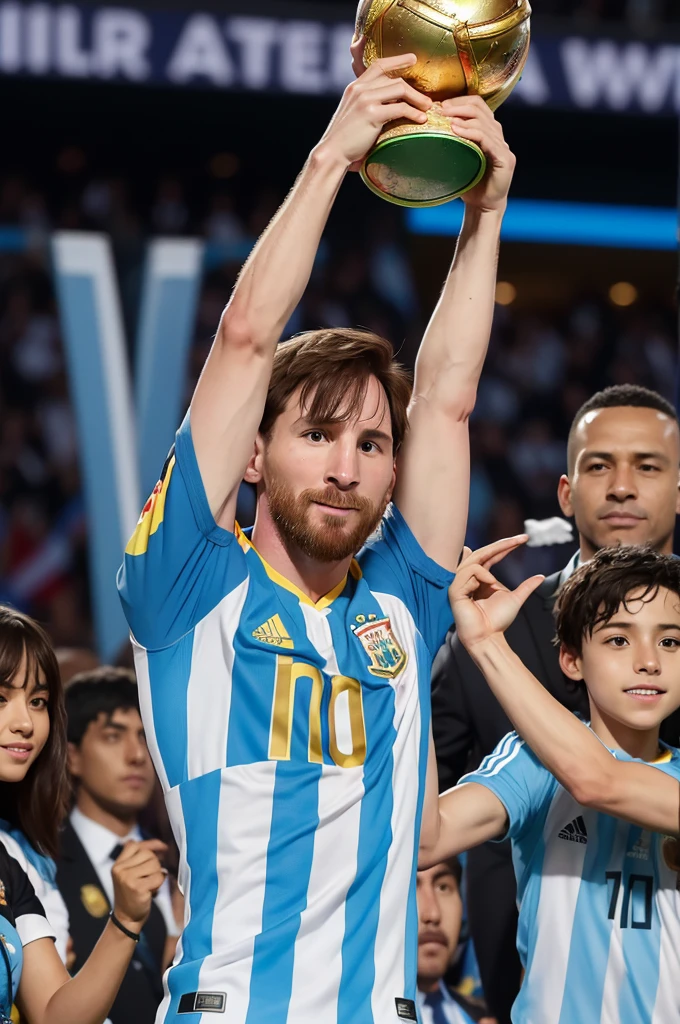 Messi lifting the World Cup trophy with Argentina