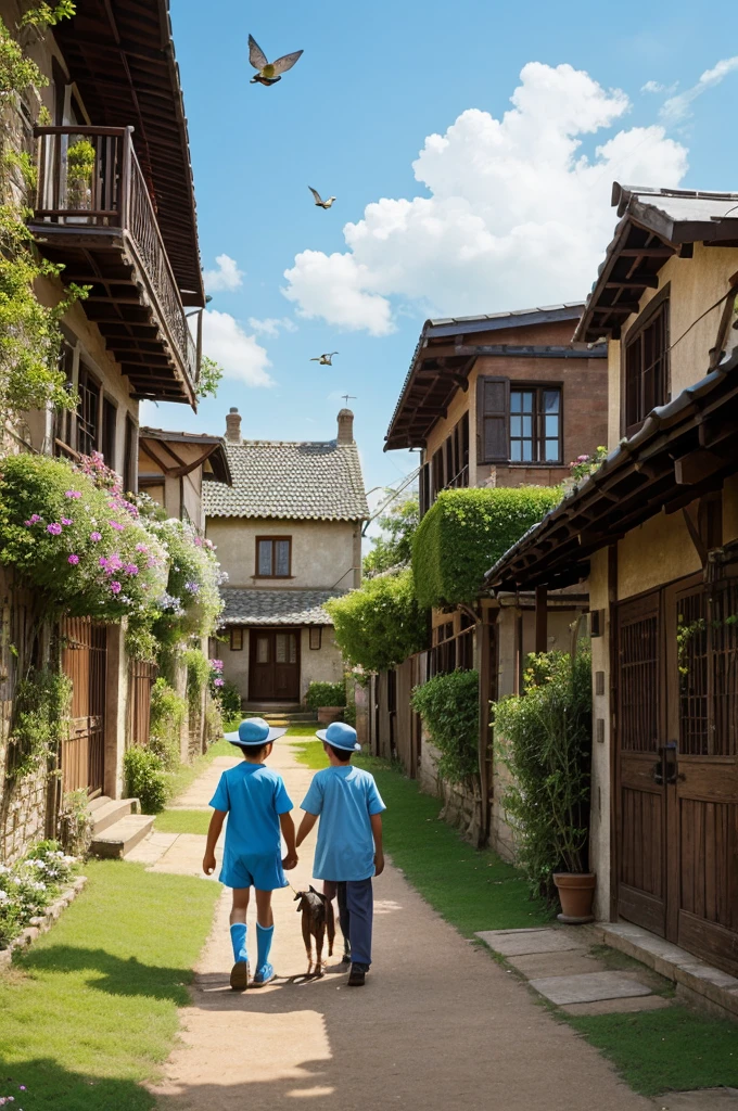 Old village stand couple playing some children with dog . Sky blue with flying bird
Near flower