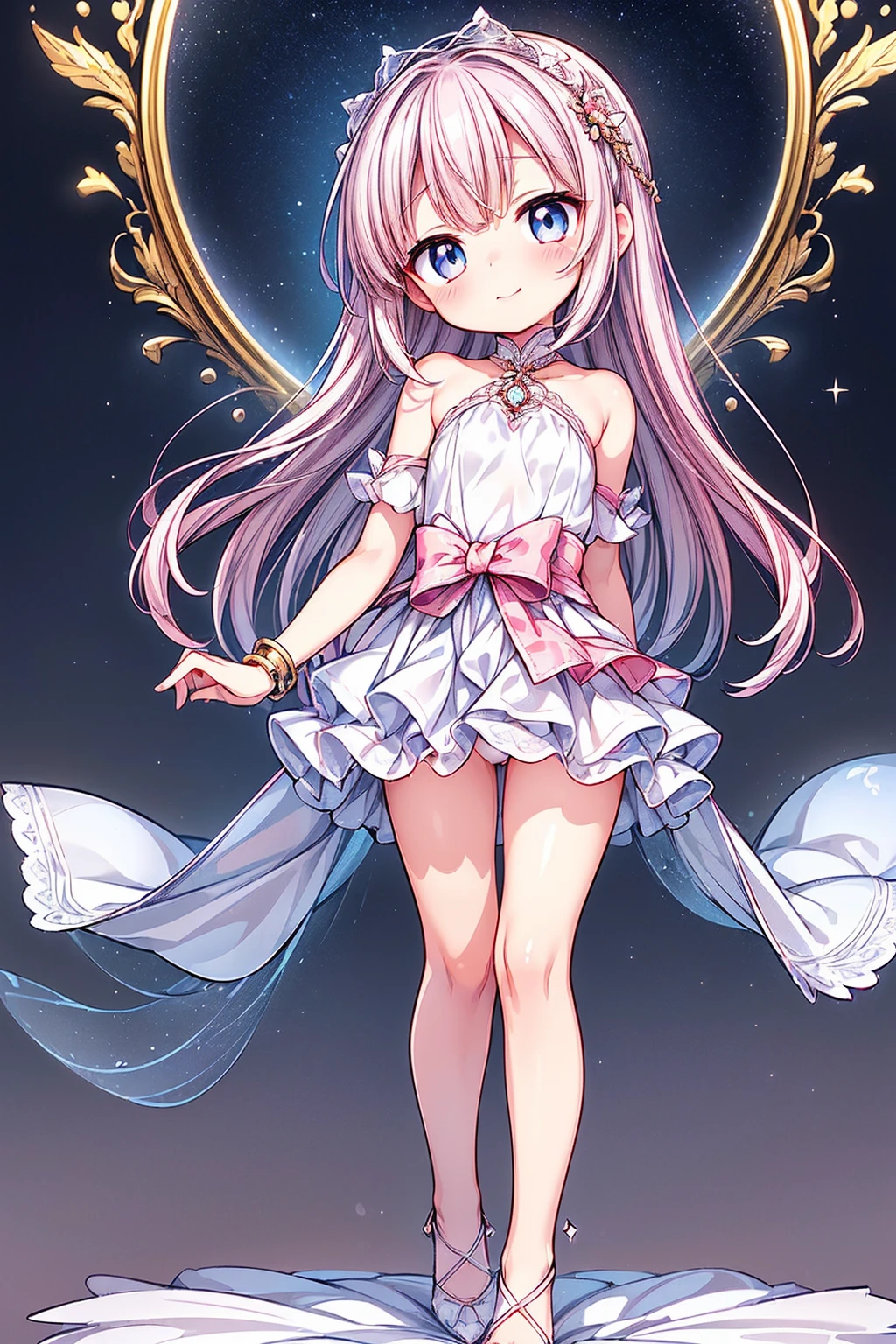 (Best Art,illustration,IB,Three Point Perspective，Ultra-high resolution, masterpiece, best quality，Great details，Very rich facial details,Best Artwork，Perfect Arms，Perfect planing structure），(Unity 16K Wallpaper,Ultra Detailed, Extremely detailed CG, Caustics, Cinema Lighting, detailed, Beautiful and delicate eyes），Delicate and lovely，sweet and cute，Innocent，Lively and smart，Smart，tiny and cute，Delicate and captivating，Pink and delicate，Crystal clear，Pure and flawless，Slender and elegant，Big watery eyes，little cherry mouth，Snow-white little face，Pink little cheeks，Fluffy soft hair，Black and shiny hair，Red cheeks，Childish voice，A clear and pure smile，Innocent eyes，Soft body，Slender waist，Small hands，Slim feet，Snow-white skin，Delicate touch，Pink and petite body，Shy and cute expression，Soft and sweet voice，Clear and pleasant tone，Blurred innocent look，A lovable look，Innocent nature，Carefree years，Cute and naughty personality，The breath of youthful vitality，Charming and lovely demeanor，Charming appearance，Poor temperament，Graceful and gentle demeanor，Bright and attractive face，tiny and cute的体态，Innocent的神采，A charming figure，A charming smile，Delicate and fragile body，tiny and cute的身材，Charming and graceful，Charming and attractive posture，Charming and lovely look，Soft and graceful demeanor，Delicate and lovely的容颜，tiny and cute的身材，A charming smile，tiny and cute的体态，Delicate and soft body，Petite and lovely figure，（（White Dress，Light as tulle，Lace decoration，Starry Sky，Set off the delicate face，Silk texture，Close to the body，Graceful curves，Gold chain around waist，Brilliant light，Thin and thin，Delicate and smooth，Fair skin，Crystal-embellished high heels，Crisp sound，Diamond on toe，Watery eyes，Complement each other，Exquisite Bracelet，Silver chain，Little Gems，Swaying slightly，Refracting colorful light，Beautiful necklace，Rose Pendant，Pink cheeks，Just right，Set off your temperament，Without losing innocence，With mature charm，A princess from a fairy tale，Beautiful，Hard to look away））