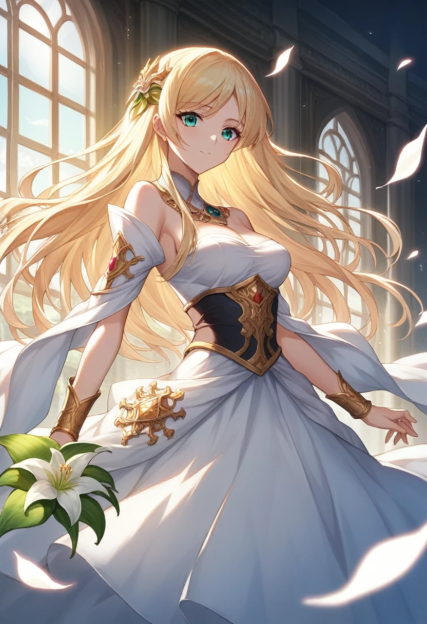 ((Highest quality)), ((masterpiece)), (detailed), ((Perfect Face)), lillia, One Girl,Anime girl with long blonde hair and dark turquoise eyes in a white dress, Trending on cgstation, artwork in the style of Gwaiz, Gwaiz, Smooth anime CG art, detailedなデジタルアニメアート, Anime Goddess, Fantasy art style, palace , Girl in Hanfu, Beautiful young wind spirit, Beautiful Anime Girls, ! Dream Art Germ, Beautiful anime portraits