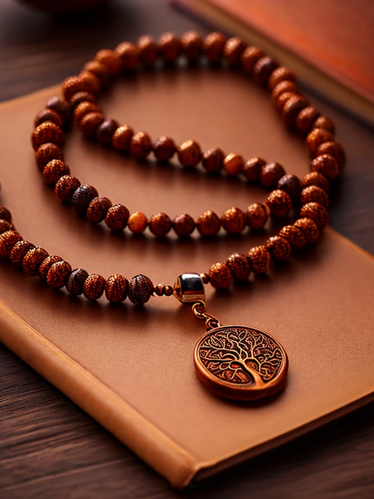 a prayer beads cord of brown beads with metalic medal carved with a tree, on a table, over a book, focus in the medal