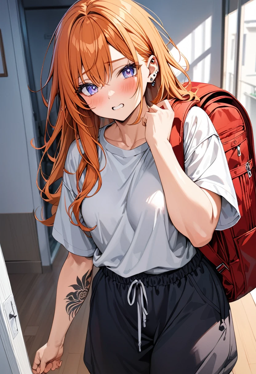 20 year old female, long orange hair, messy hair, perfect eyes, perfect silver irises, perfect pupils, thick thighs, oversized shirt, baggy black sweatpants, large, oversized backpack, many ear piercings, holding backpack straps, flustered, apartment hallway, otaku, standing in door, highly detailed, best detail, best hands, right forearm tattoo, perfect tattoo, perfect hands, perfect fingers, perfect anatomy 