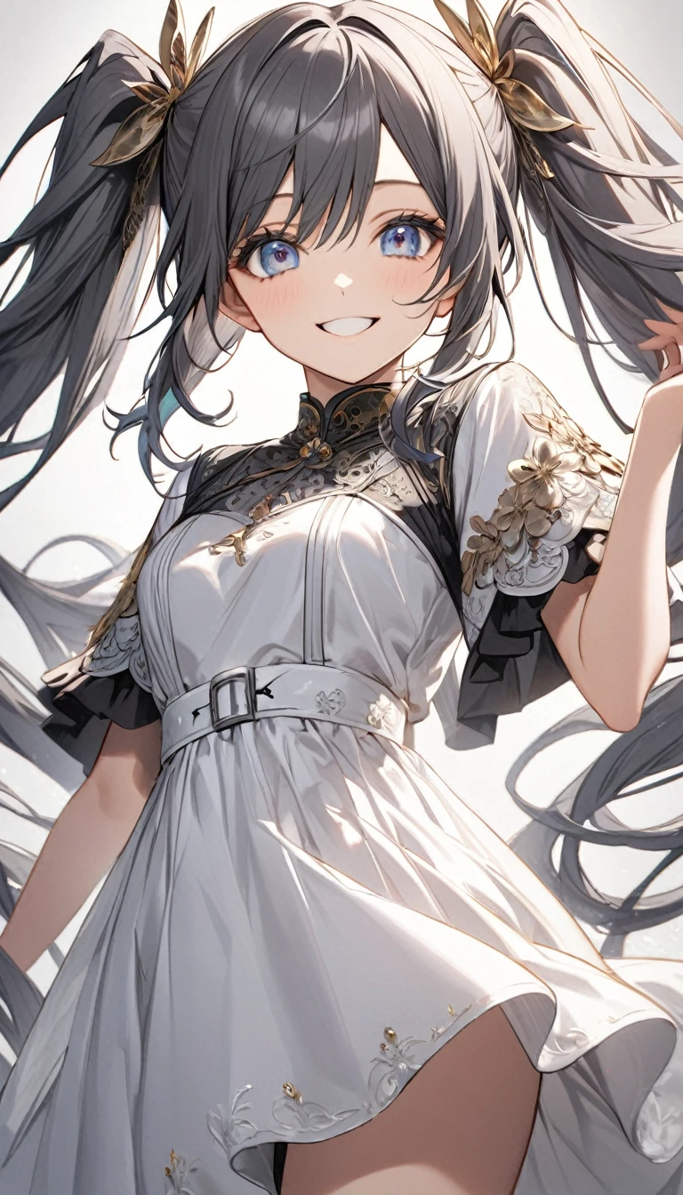Girl with high twin tails,Colored highlighted hair, dark gray long hair,, highly detailed eyes, White dress, Smile