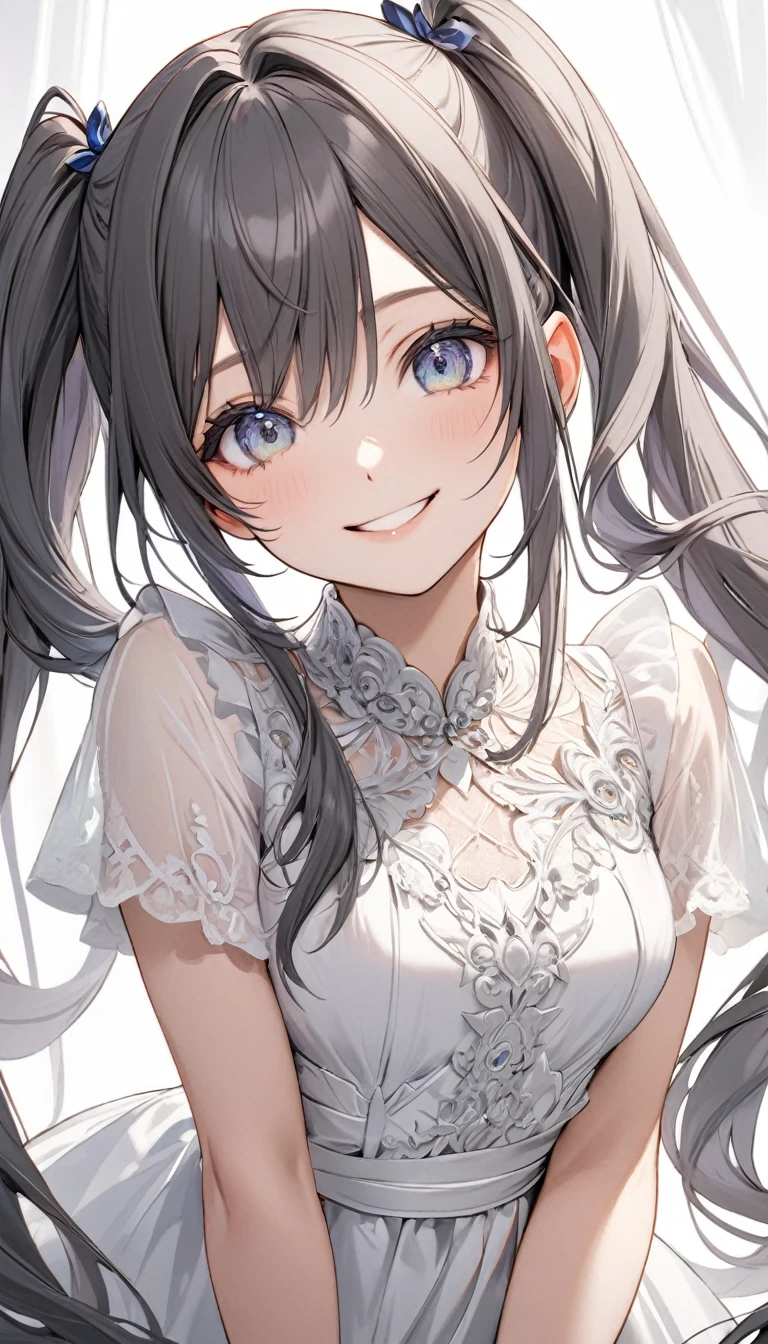 Girl with high twin tails,Colored highlighted hair, dark gray long hair,, highly detailed eyes, White dress, Smile