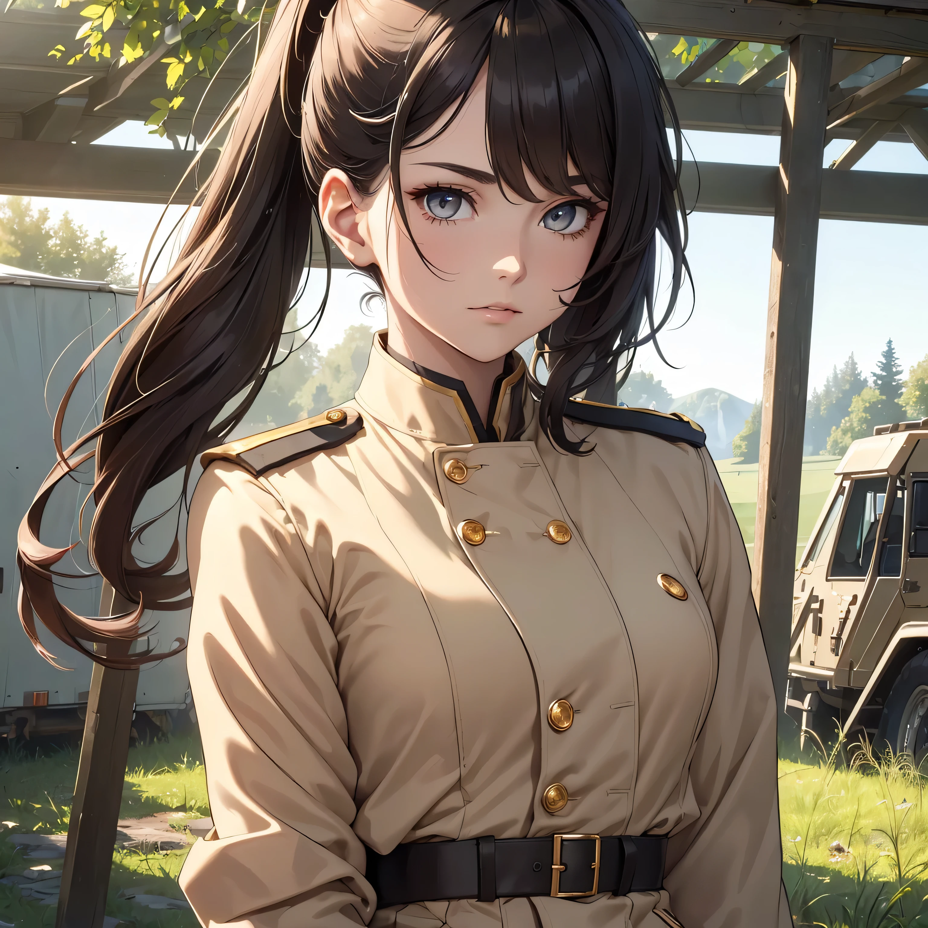 (8K, Best Quality, Masterpiece, Ultra High Resolution) 1Woman, Beautiful Eyes, Face Details, Dark Hair, Hair Ponytail, Gold Eyes, Pale Skin, Tan Colored Military Uniform, Tan Jacket, White Fitted Shirt, Outside, Military Camp, Countryside, Best Quality, Upper Body, Looking at the Viewer, Facing Viewer, Close Up
