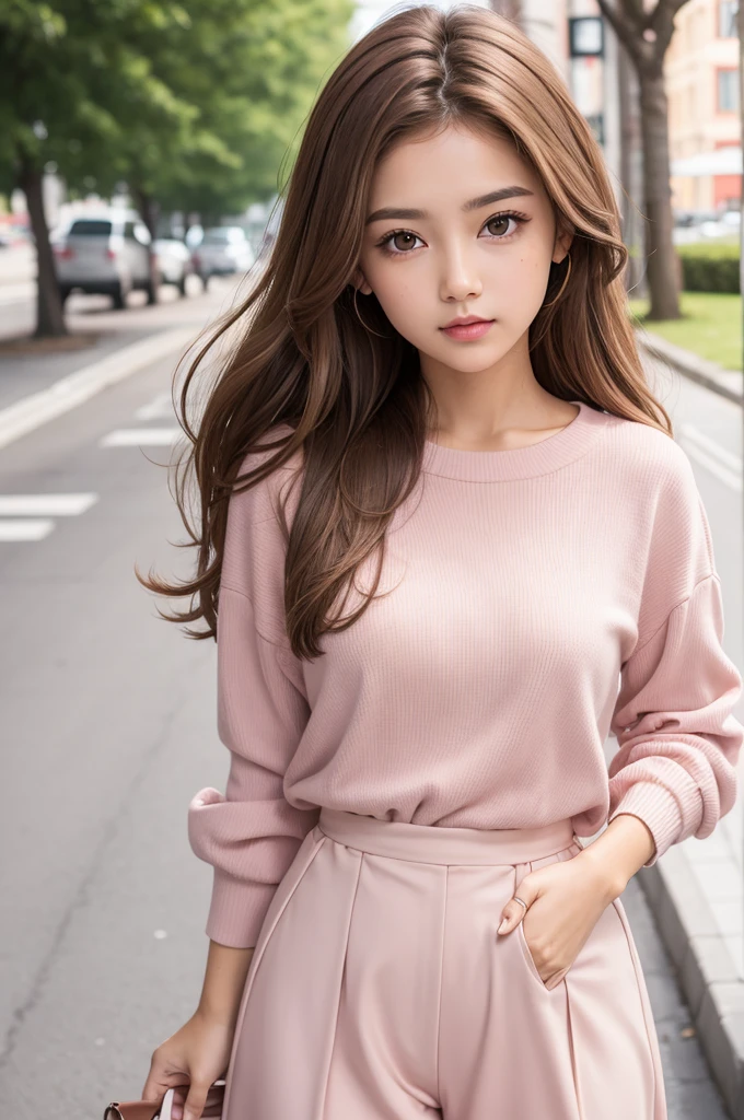  with very light brown hair , very light brown eyes, pink outfit