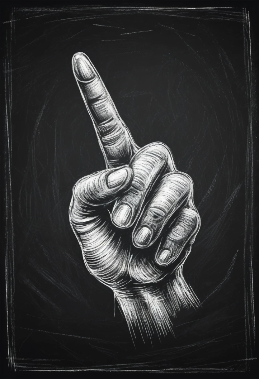 Hand showing middle finger gesture, sketching, drawing with white chalk on black board background. Detailed textures and lines, realistic style.