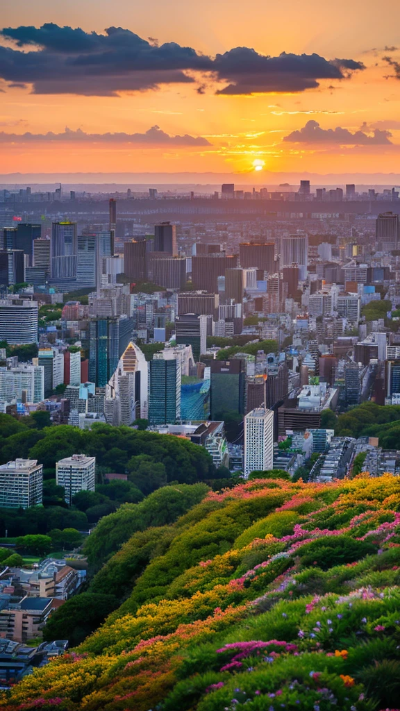 a view of a city with tall buildings and a green park, a picture by Naondo Nakamura, unsplash, sōsaku hanga, tokyo japan, arafed view of a field of flowers with a sunset in the background, floral sunset, warm beautiful scene, beautiful sunrise, flowers sea everywhere, sunset warm spring, beautiful sunset, magnificent background, vibrant sunrise, beautiful sunset glow, breathtaking landscape, stunning sunset, field of flowers, at sunrise in springtime, sunset glow, beautiful sunrise lighting, flower field, sunset sunrise tokyo city, tokyo city in the background, tokio, tokyo, japanese city, tokyo prefecture, new tokyo, aerial view of a city, tokyo in the background, bird's eye view of a city