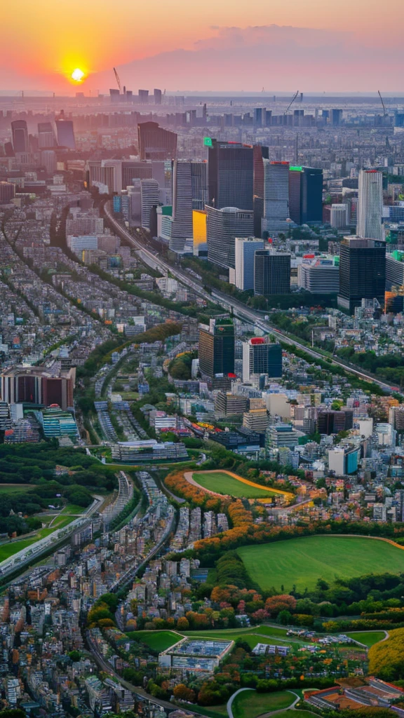 a view of a city with tall buildings and a green park, a picture by Naondo Nakamura, unsplash, sōsaku hanga, tokyo japan, arafed view of a field of flowers with a sunset in the background, floral sunset, warm beautiful scene, beautiful sunrise, flowers sea everywhere, sunset warm spring, beautiful sunset, magnificent background, vibrant sunrise, beautiful sunset glow, breathtaking landscape, stunning sunset, field of flowers, at sunrise in springtime, sunset glow, beautiful sunrise lighting, flower field, sunset sunrise tokyo city, tokyo city in the background, tokio, tokyo, japanese city, tokyo prefecture, new tokyo, aerial view of a city, tokyo in the background, bird's eye view of a city