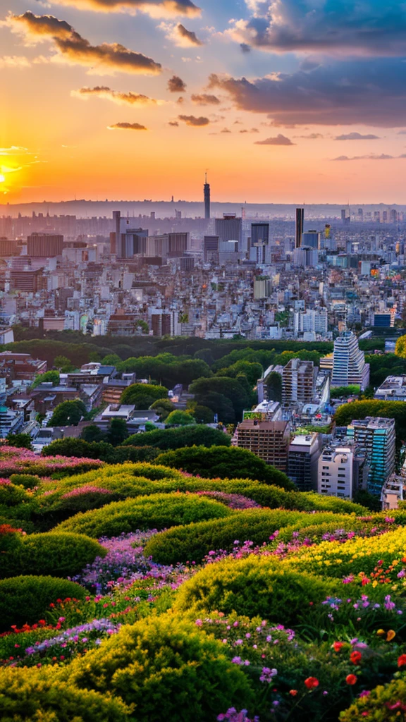 a view of a city with tall buildings and a green park, a picture by Naondo Nakamura, unsplash, sōsaku hanga, tokyo japan,    arafed view of a field of flowers with a sunset in the background, floral sunset, warm beautiful scene, beautiful sunrise, flowers sea everywhere, sunset warm spring, beautiful sunset, magnificent background, vibrant sunrise, beautiful sunset glow, breathtaking landscape, stunning sunset, field of flowers, at sunrise in springtime, sunset glow, beautiful sunrise lighting, flower field, sunset sunrise  tokyo city, tokyo city in the background, tokio, tokyo, japanese city, tokyo prefecture, new tokyo, aerial view of a city, tokyo in the background, bird's eye view of a city