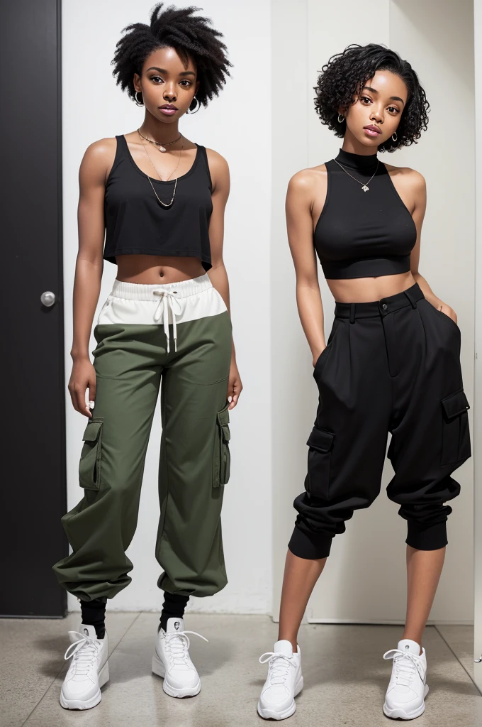 A black woman, with short curly hair and a white crop top with cargo pants and green eyes and black and white sneakers