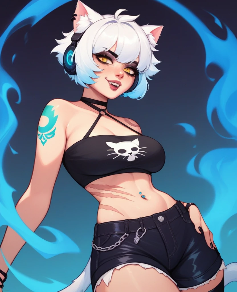 Make me a VTuber design. A girl with a mature body. {Short, messy, spiky white hair with blue fire on the ends.} {Cat ears with blue fire in the middle of them instead of fluff.} {A cat tail with blue fire at the end.} Yellow eyes with, scars on her body. {A goth/rockstar wearing shorts like outfit that’s blue and black with headphones that match, draped around her neck.} Fire tattoos. Blue fire cat DJ/Singer. One person only, {blue fire only}. {Blue fire inside her cat ears} A stoic expression.