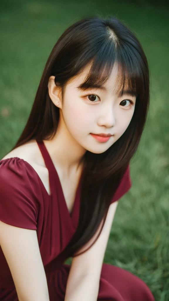 masterpiece, 1girl, 16 years old, red high-neck dress, neutral background, soft lighting, high quality, film grain