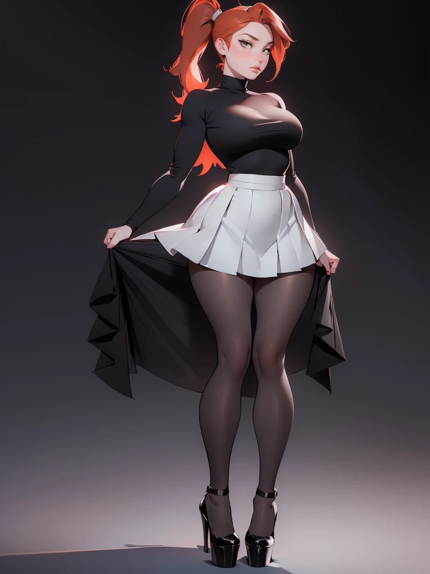 photo of a ginger 16yo girl, freckled face, face freckles, rosy, contemptuous look, 1 girl, solo, full body view, ponytail haircut,pale skin, big round , stand sexy pose, beautiful, ((pleated skirt with black tights under skirt)), ((oversized black sweater)), black high heel shoes